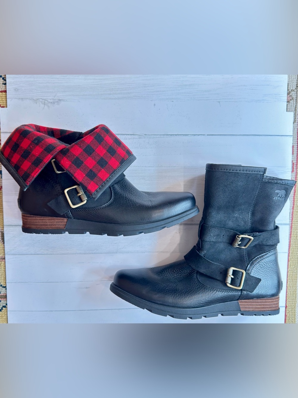 Sorel Black Leather Buckle Boots with Red Buffalo Plaid lining